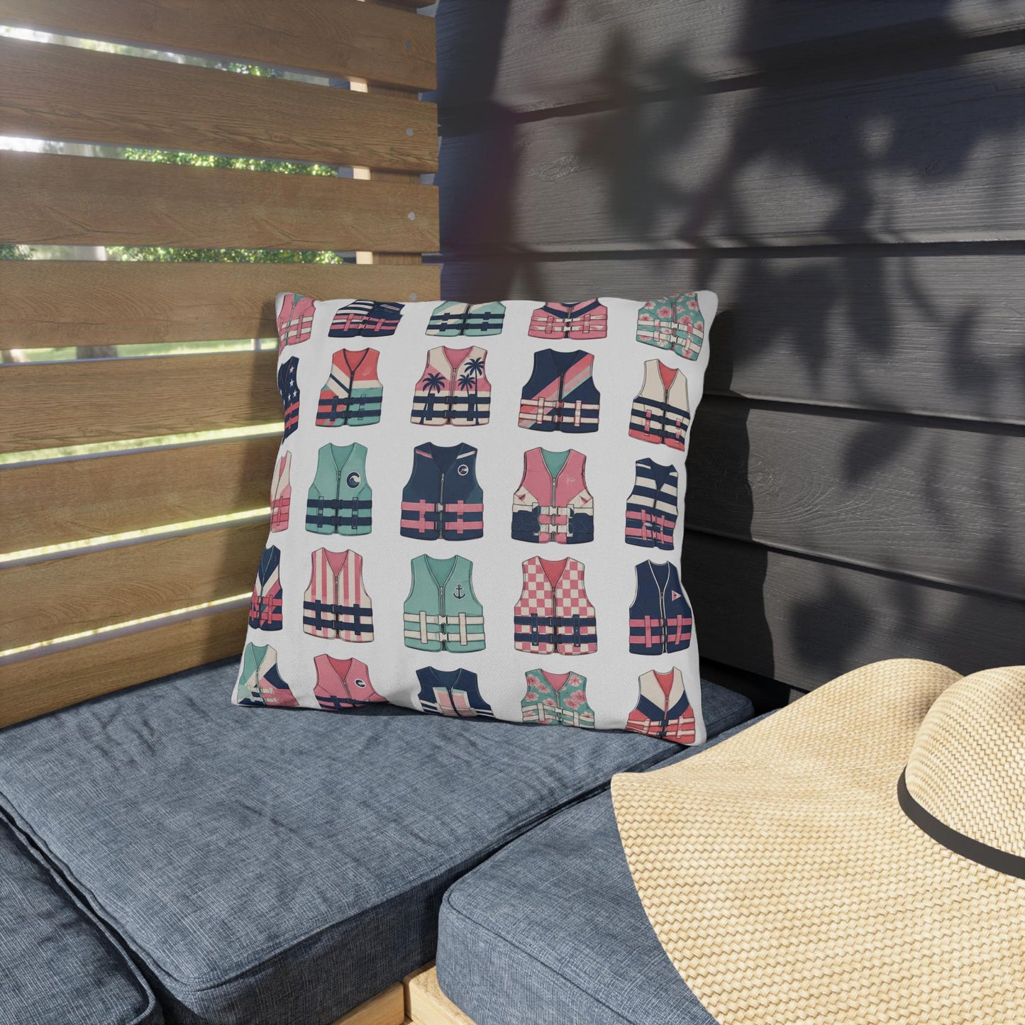 Ladies Ski Vest Lake Throw Pillow, Outdoor Pillows | Cabin Lake House Decor