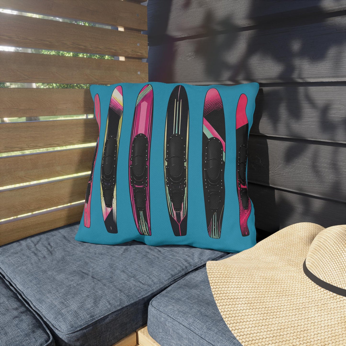 Turquoise Ladies Water Slalom Skis Pillow Outdoor Throw, Water-Resistant, Made in USA