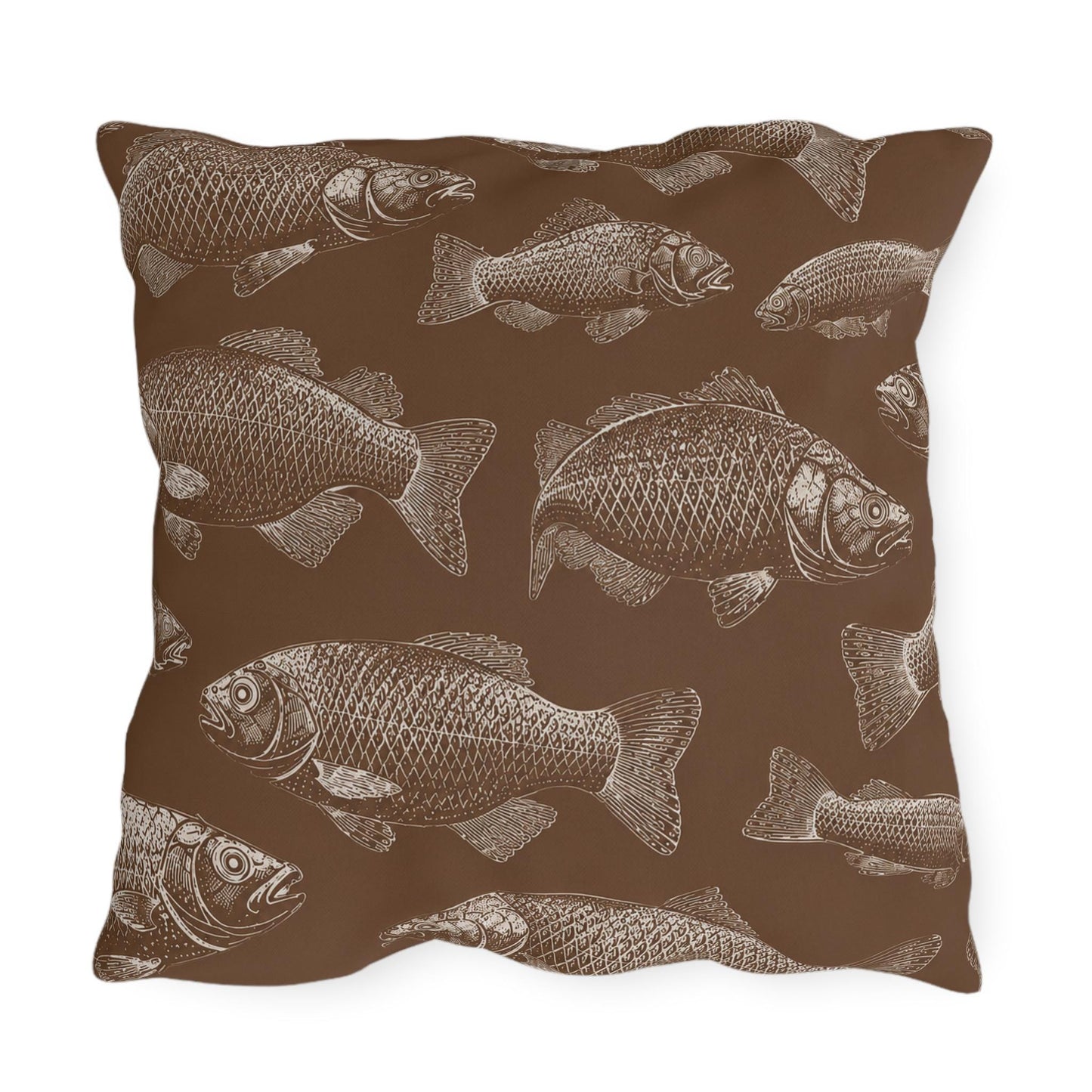 Brown Fish Pattern Outdoor Pillows | Coastal Lake House Decor