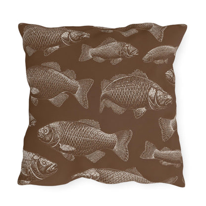 Brown Fish Pattern Outdoor Pillows | Coastal Lake House Decor
