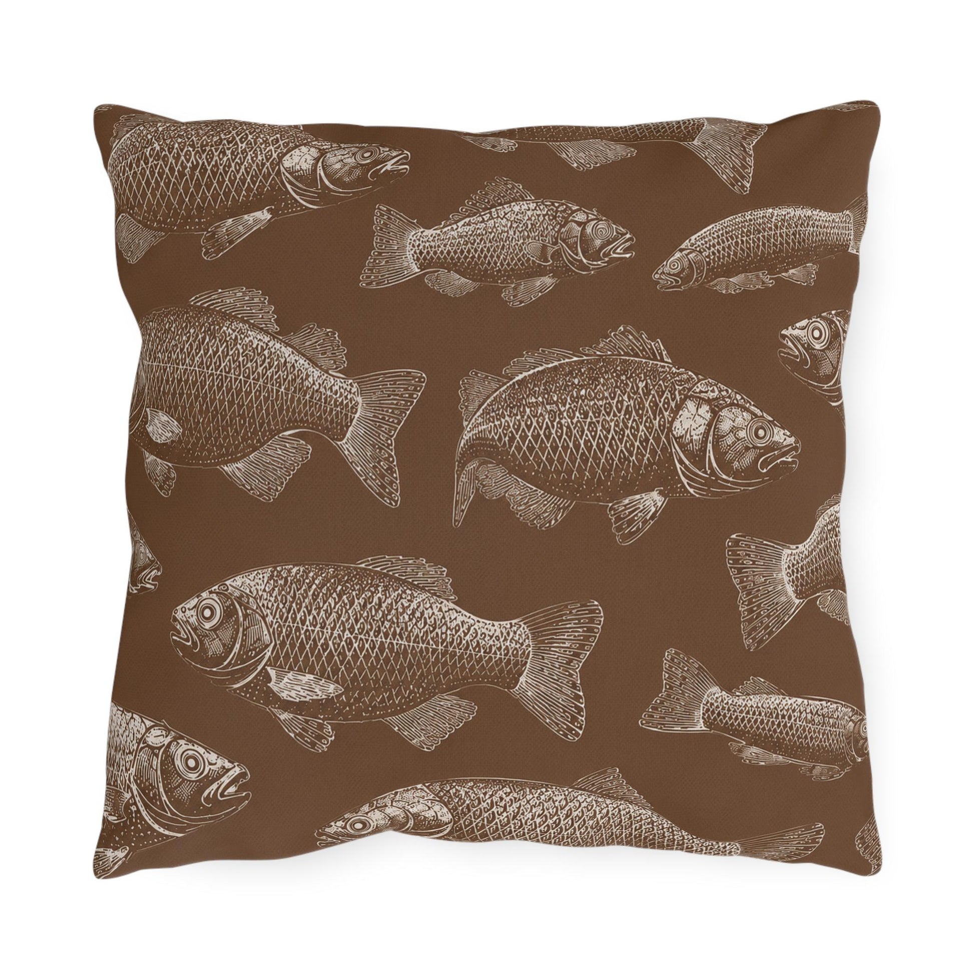 Brown Fish Pattern Outdoor Pillows | Coastal Lake House Decor