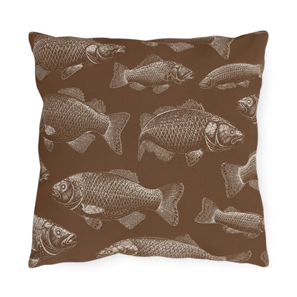 Brown Fish Pattern Outdoor Pillows | Coastal Lake House Decor