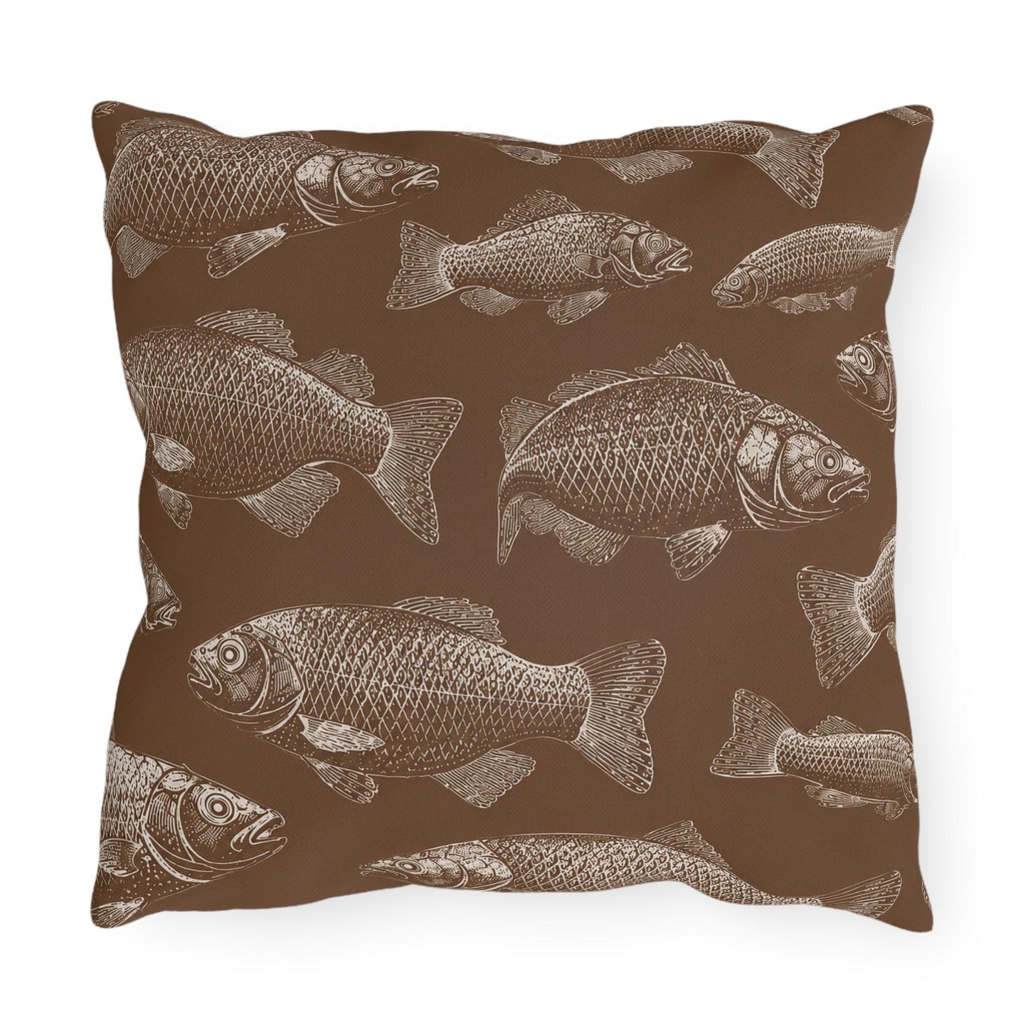 Brown Fish Pattern Outdoor Pillows | Coastal Lake House Decor