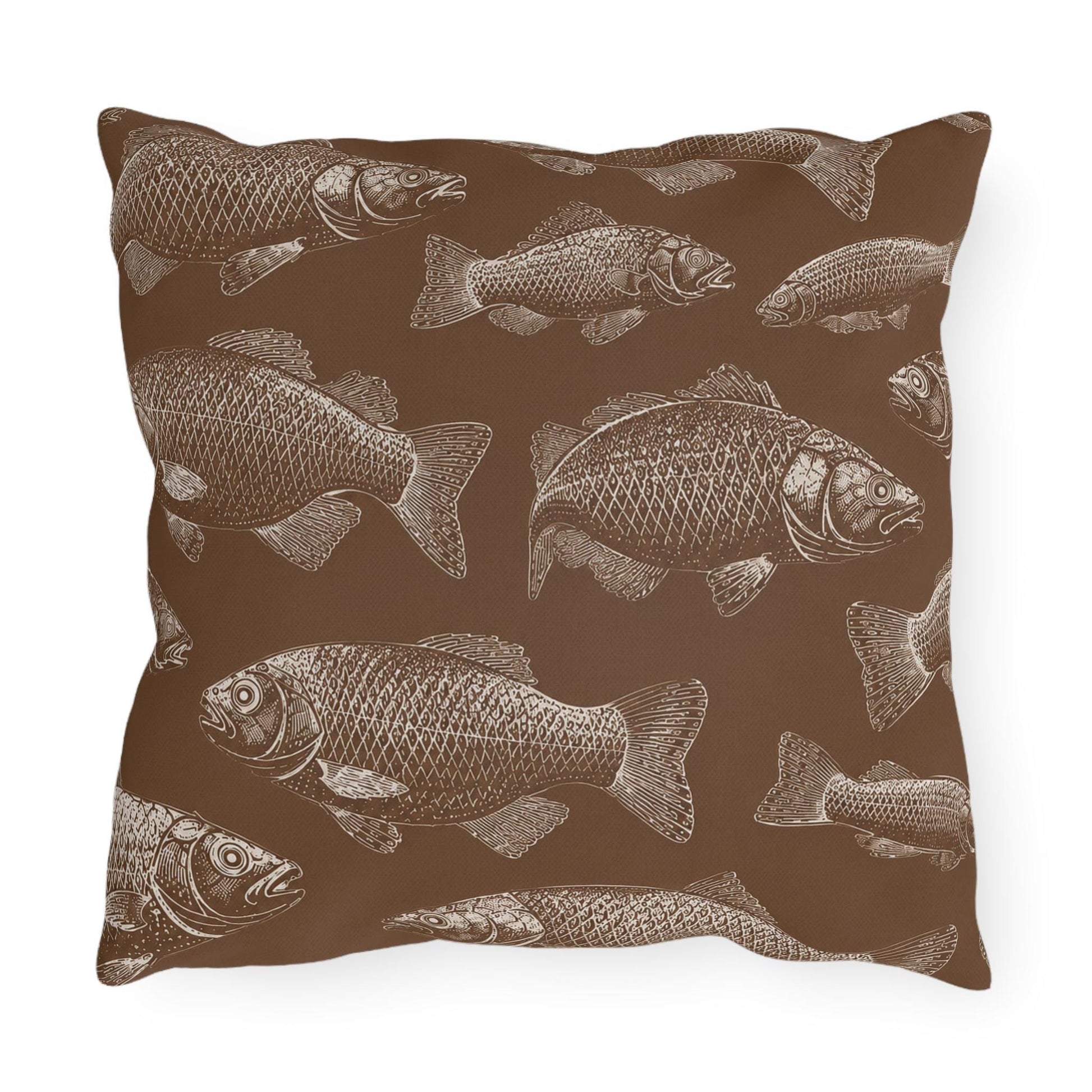 Brown Fish Pattern Outdoor Pillows | Coastal Lake House Decor