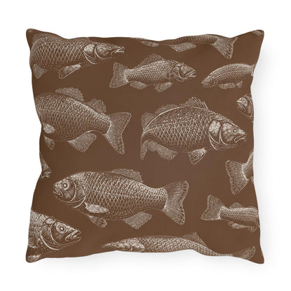 Brown Fish Pattern Outdoor Pillows | Coastal Lake House Decor