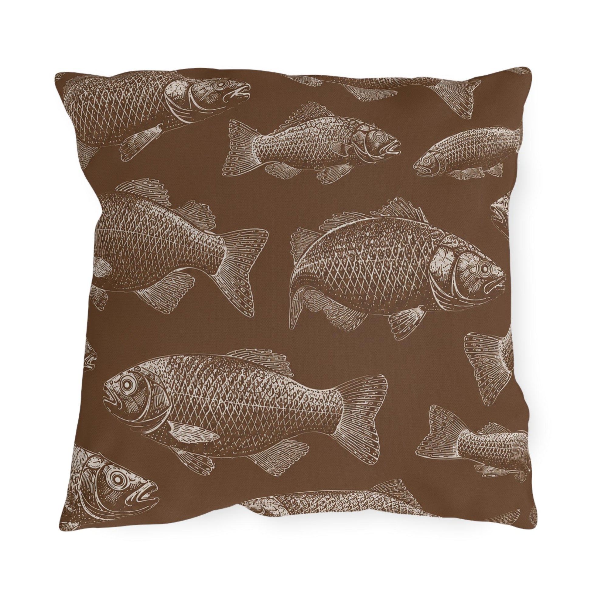 Brown Fish Pattern Outdoor Pillows | Coastal Lake House Decor