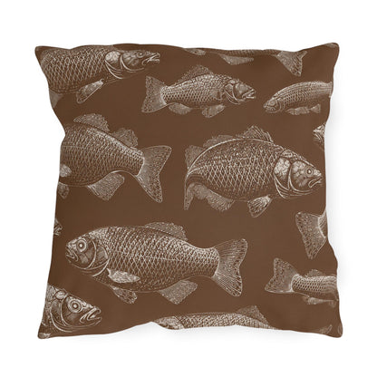 Brown Fish Pattern Outdoor Pillows | Coastal Lake House Decor