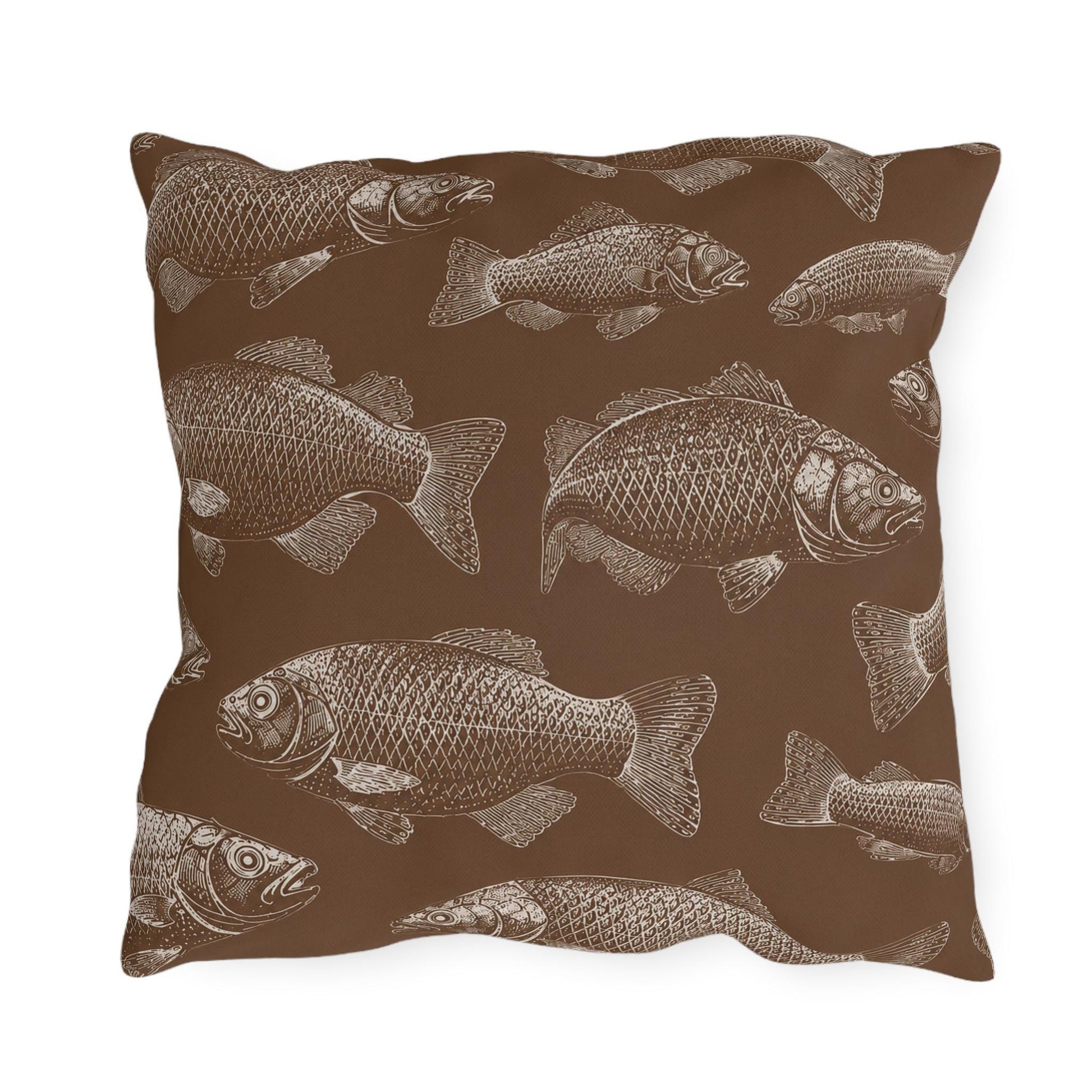 Brown Fish Pattern Outdoor Pillows | Coastal Lake House Decor
