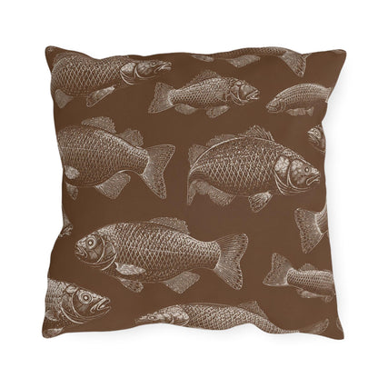 Brown Fish Pattern Outdoor Pillows | Coastal Lake House Decor