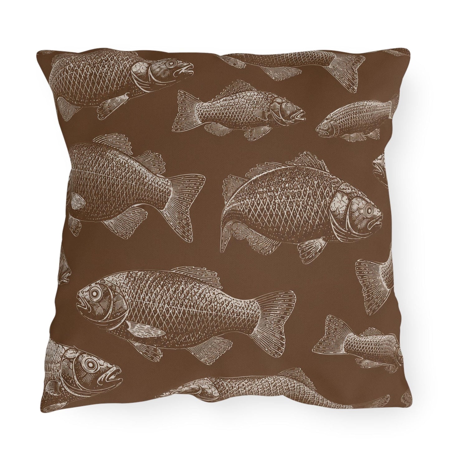 Brown Fish Pattern Outdoor Pillows | Coastal Lake House Decor