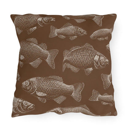 Brown Fish Pattern Outdoor Pillows | Coastal Lake House Decor
