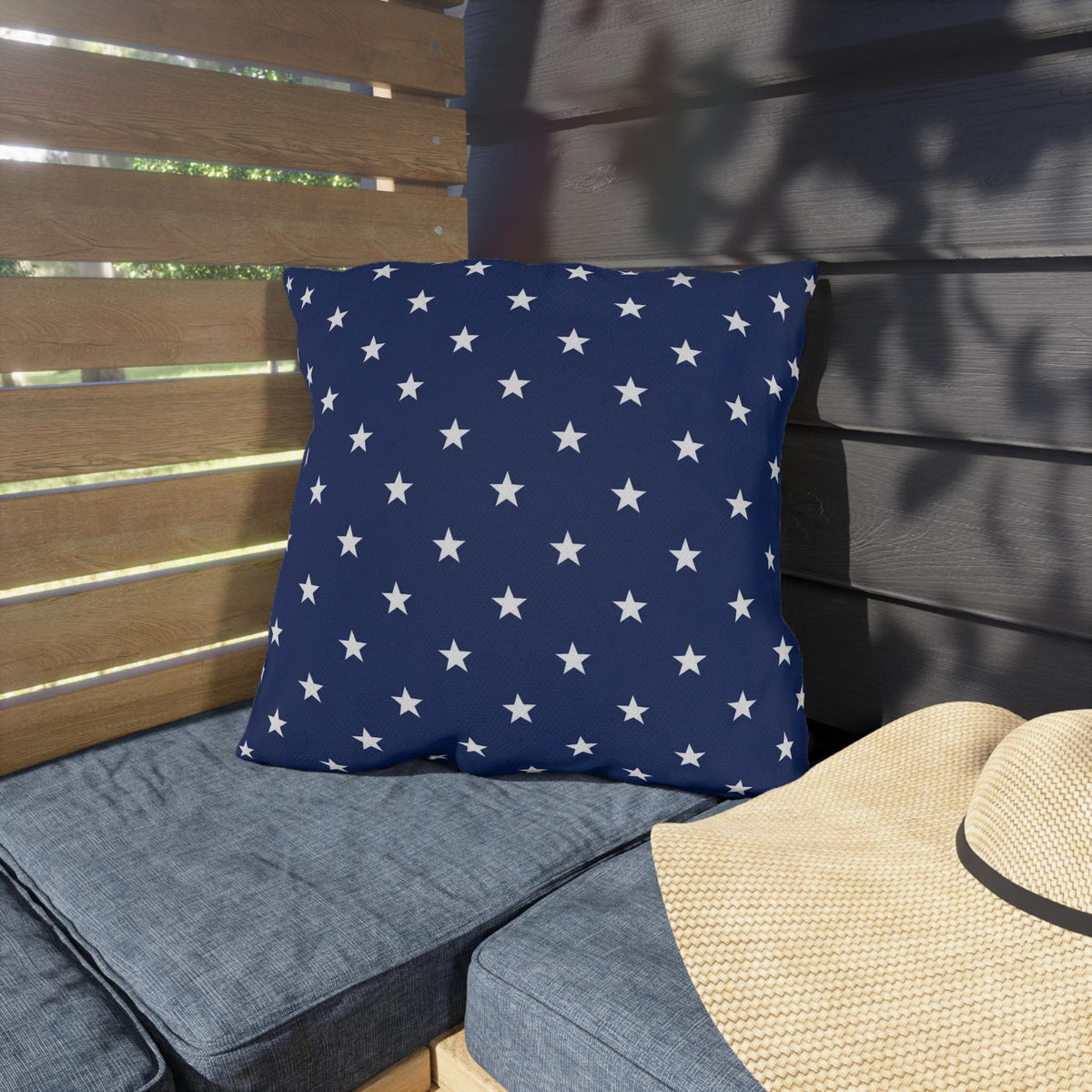 White Star Pattern Outdoor Pillow | Navy Blue Stars Patio Cushion