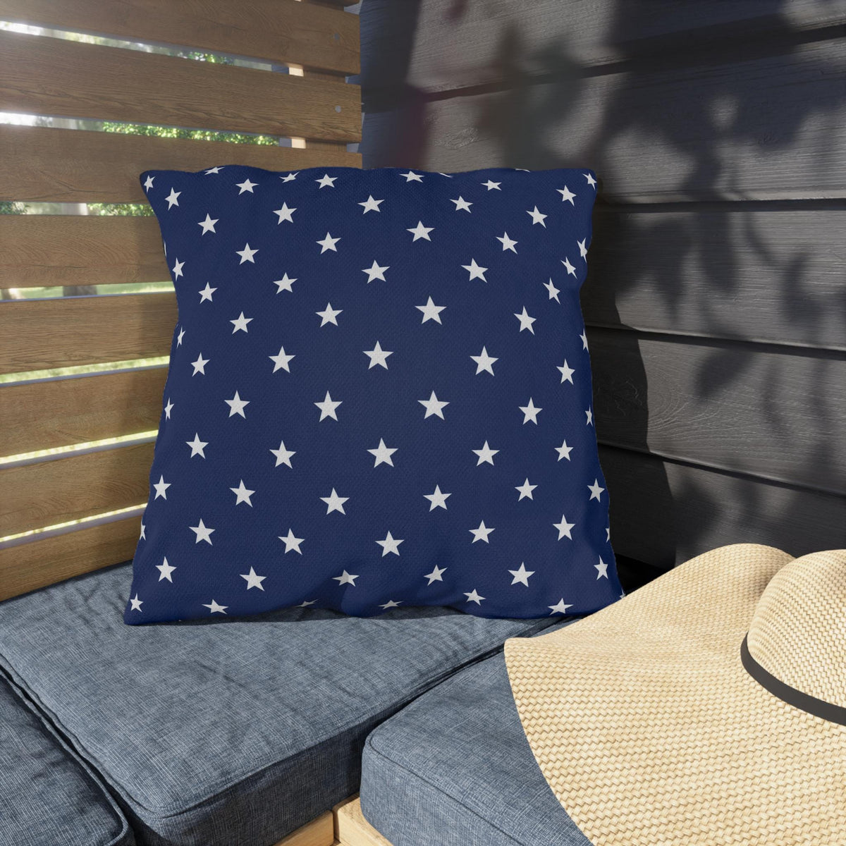 White Star Pattern Outdoor Pillow | Navy Blue Stars Patio Cushion