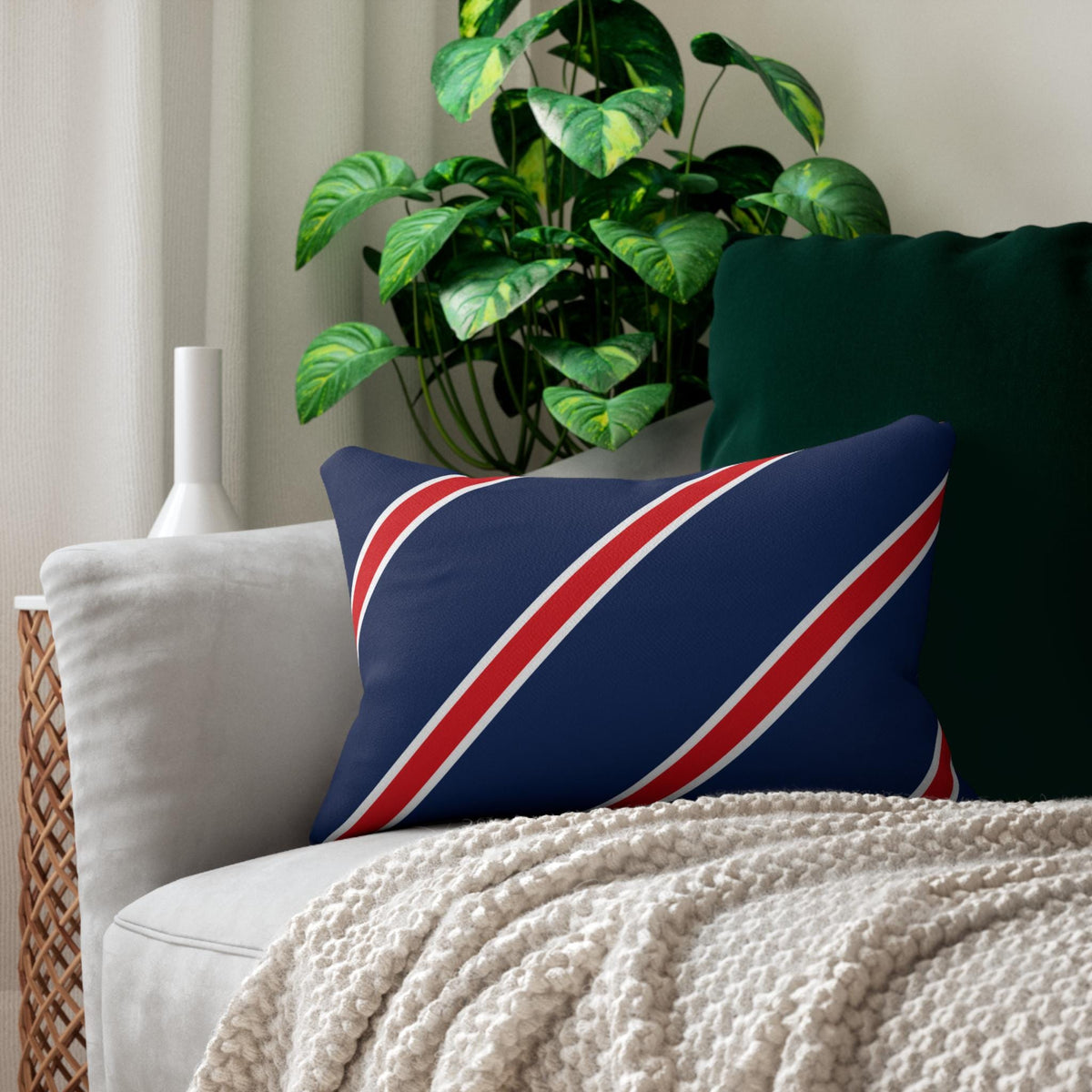 Navy Red Diagonal Stripe Lumbar Pillow 14x20 | Nautical Preppy Accent