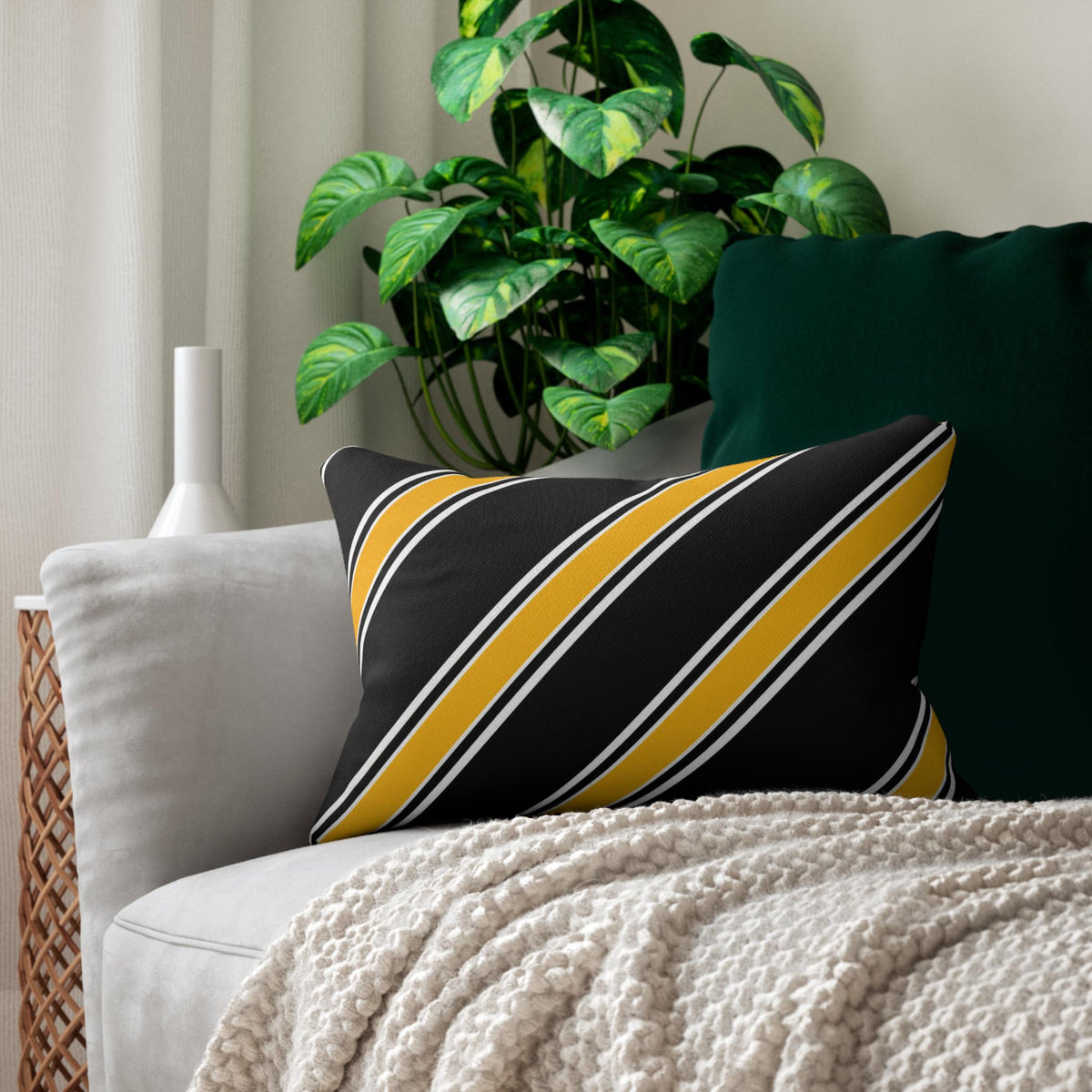 Diagonal Gold and Black Stripe Lumbar Pillow | Yellow Black Accent Pillow