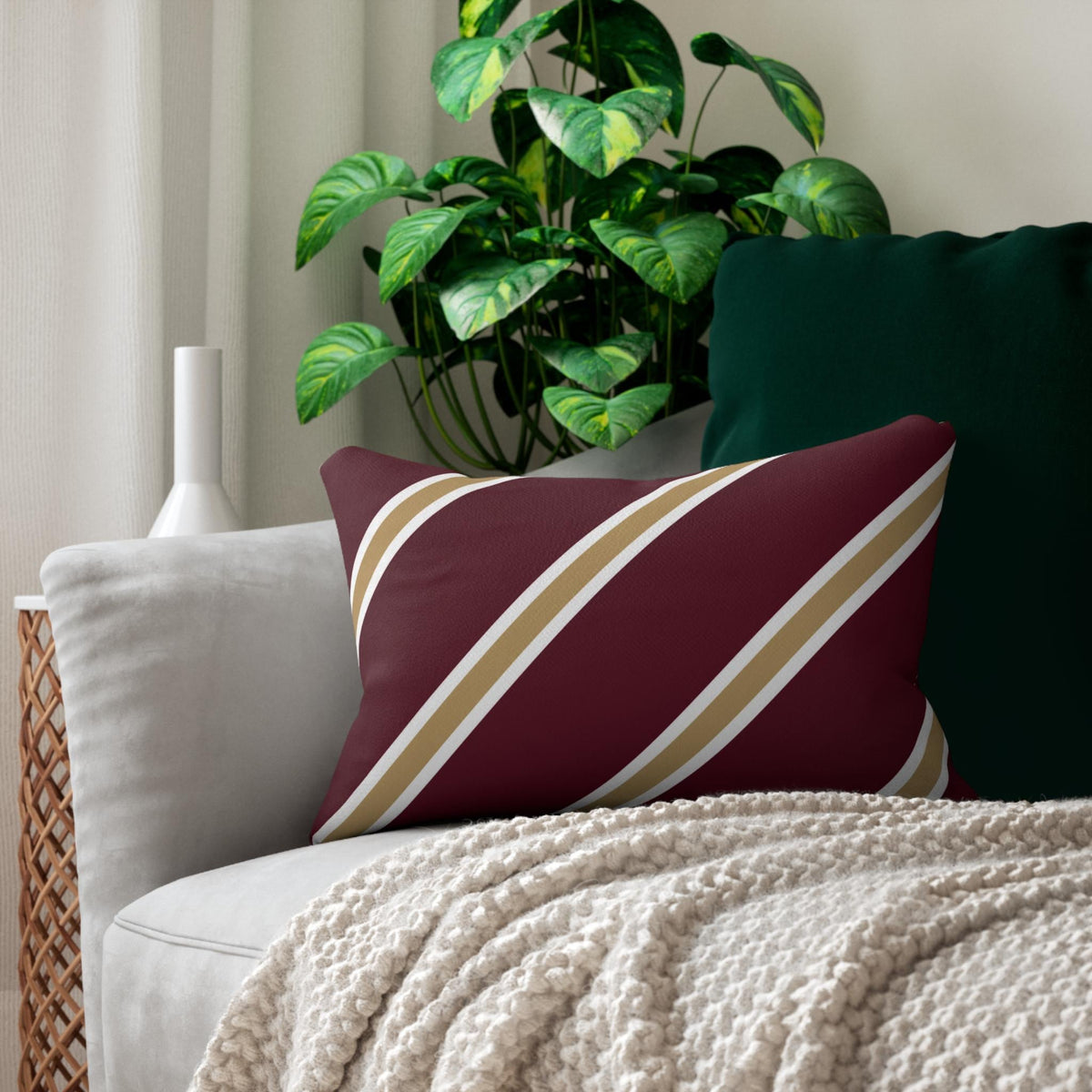 Diagonal Maroon Stripe lumbar pillow | Burgundy tan white stripe lumbar pillow