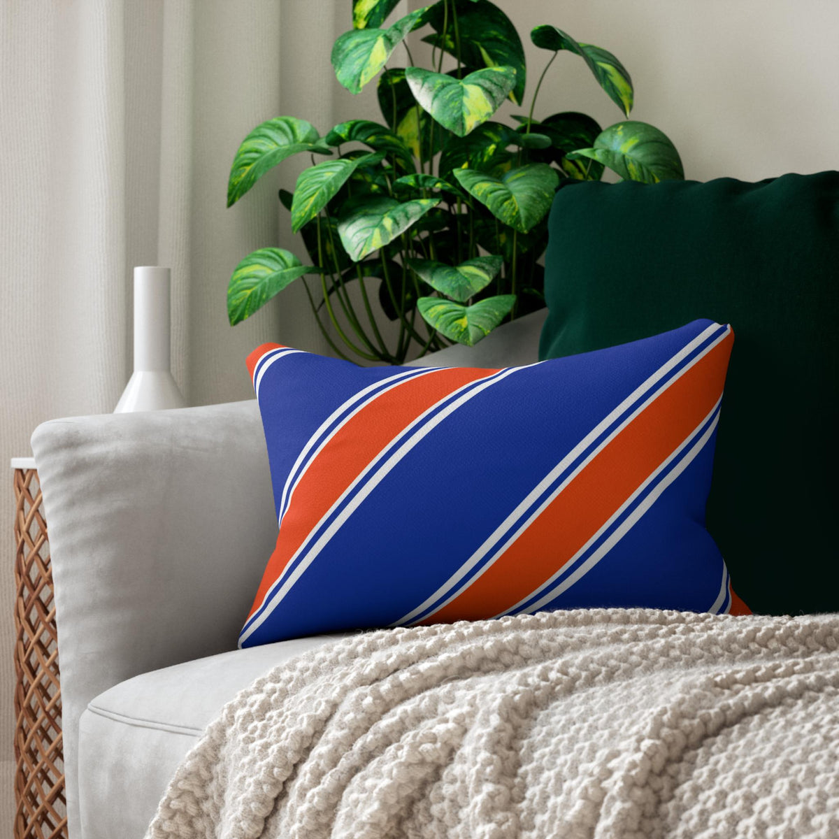 Diagonal Blue and Orange Stripe Lumbar Pillow | Nautical Accent
