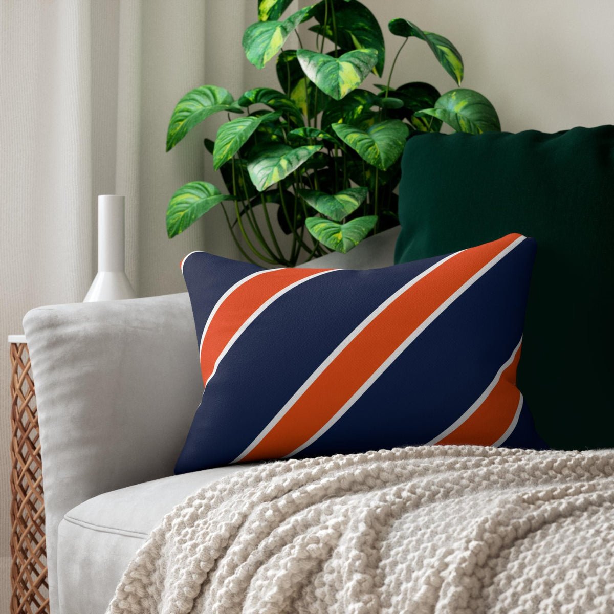 Navy and Orange Diagonal Stripe Lumbar Pillow