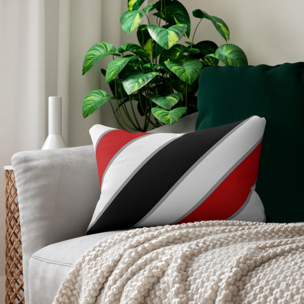 Diagonal Red Black White Stripes Lumbar Pillow | Decorative Throw Pillow