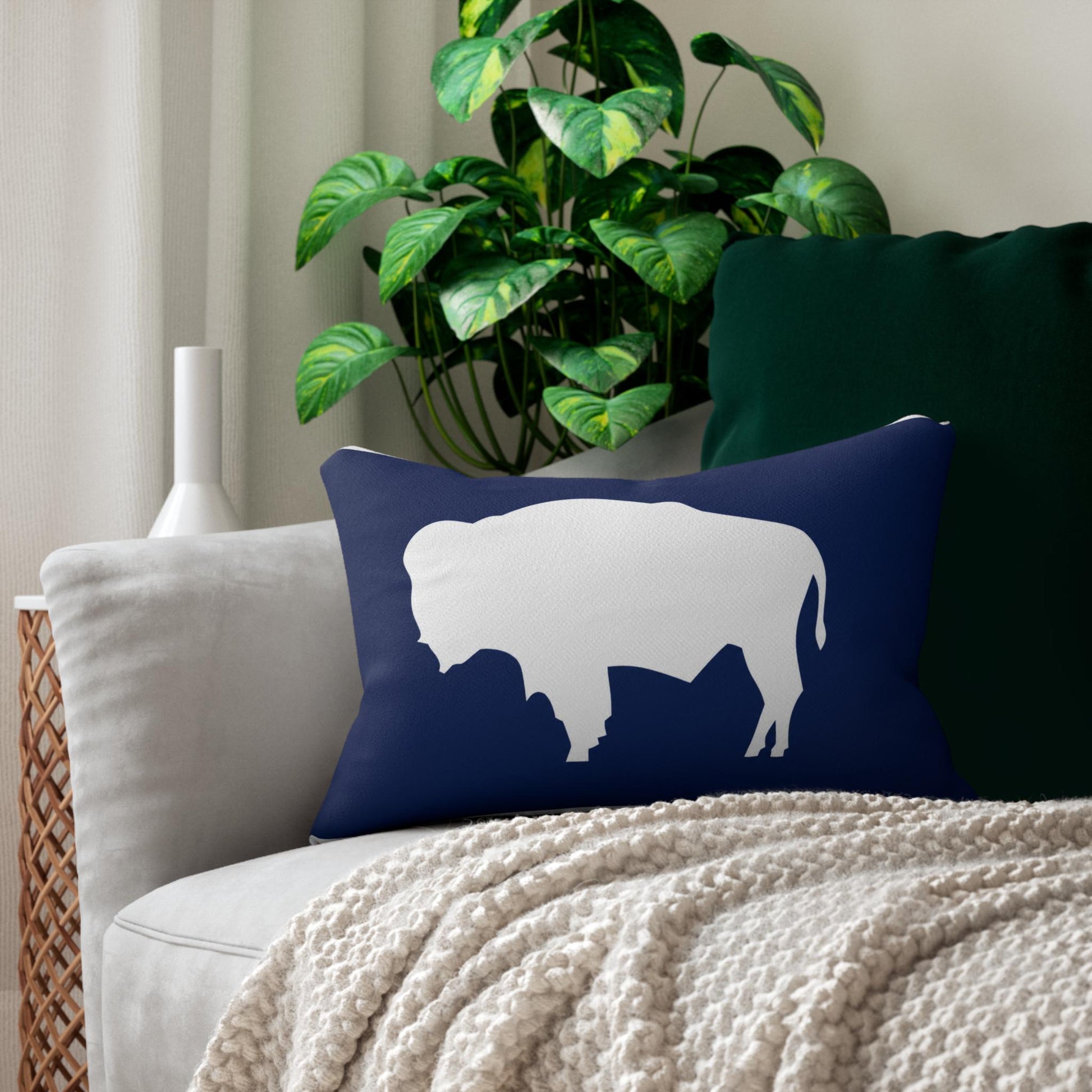 White Buffalo Silhouette Lumbar Pillow | Navy Accent Throw Pillow
