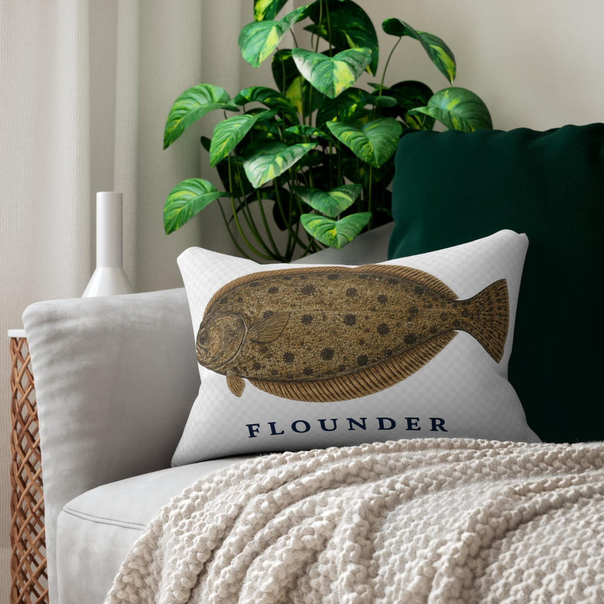 Flounder Illustration Lumbar Pillow | Nautical Fish Decor