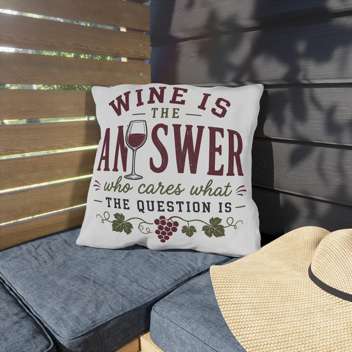 Wine Is The Answer outdoor pillow | Wine Glass Typography, Vineyard Quote