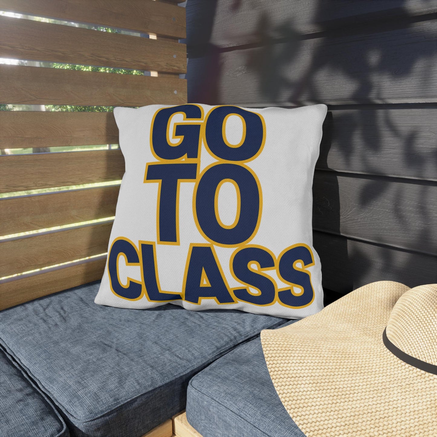 Go To Class Call Your Mom Pillow | Outdoor Pillow, Bold Navy Yellow Text