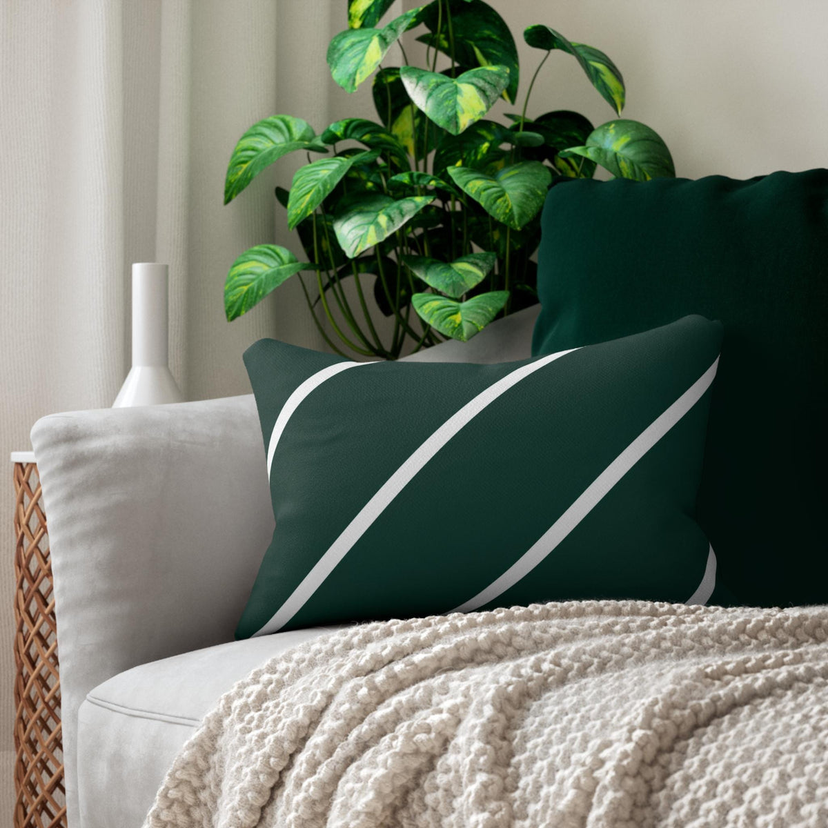 Green Diagonal Stripe Lumbar Pillow | Modern Minimal Decorative Pillow