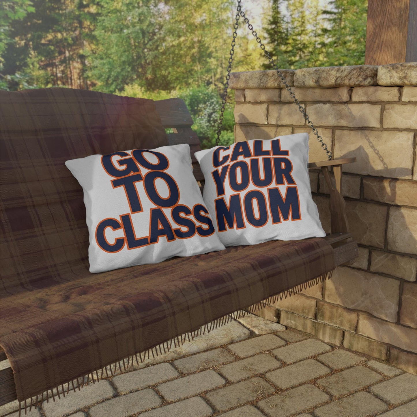 Go To Class Call Your Mom pillow | Typographic Outdoor Pillow, Navy and Orange Text
