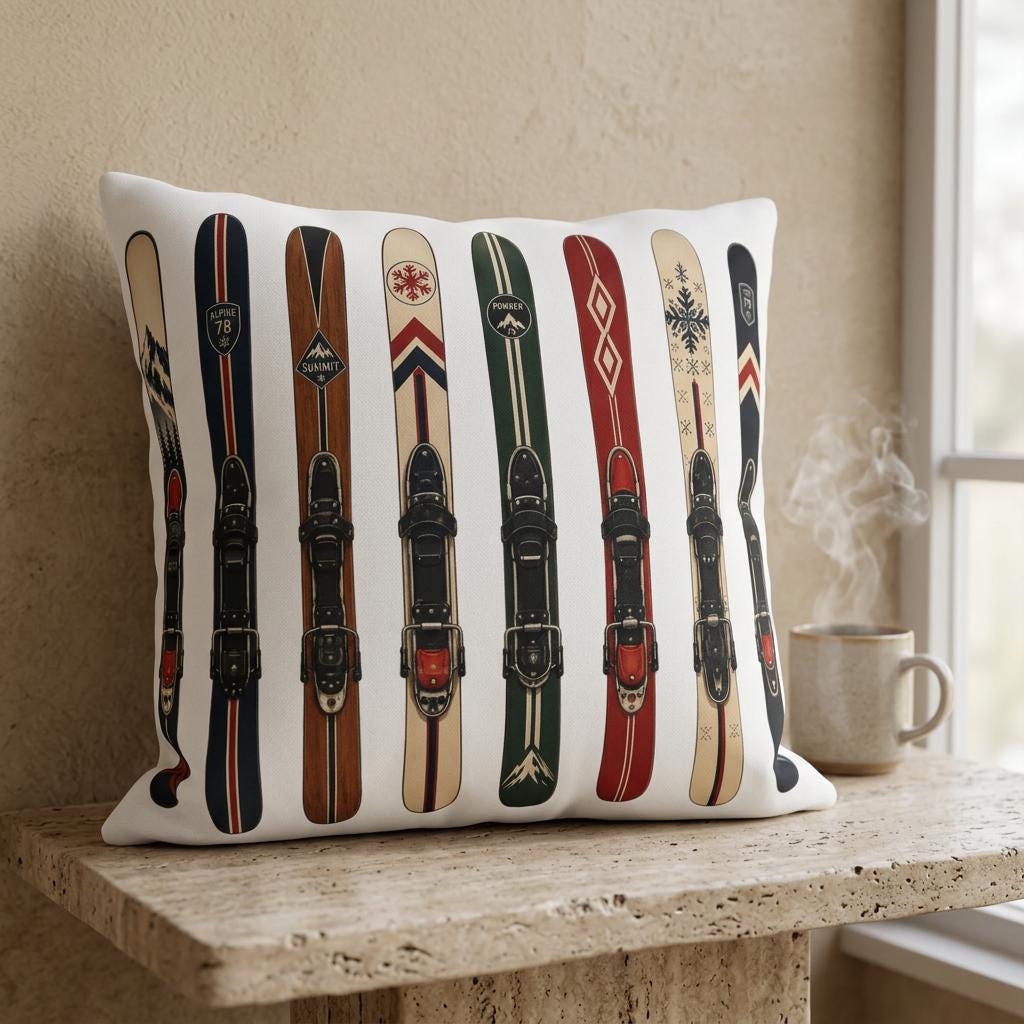 Vintage Skis Outdoor Pillow | Retro Ski Pattern, Winter Lodge Decor