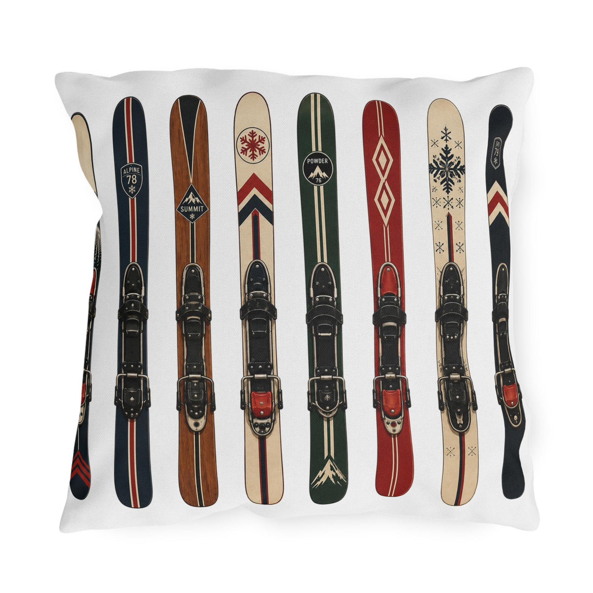 Vintage Skis Outdoor Pillow | Retro Ski Pattern, Winter Lodge Decor