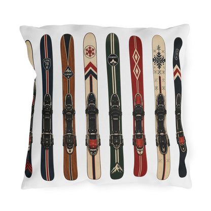 Vintage Skis Outdoor Pillow | Retro Ski Pattern, Winter Lodge Decor