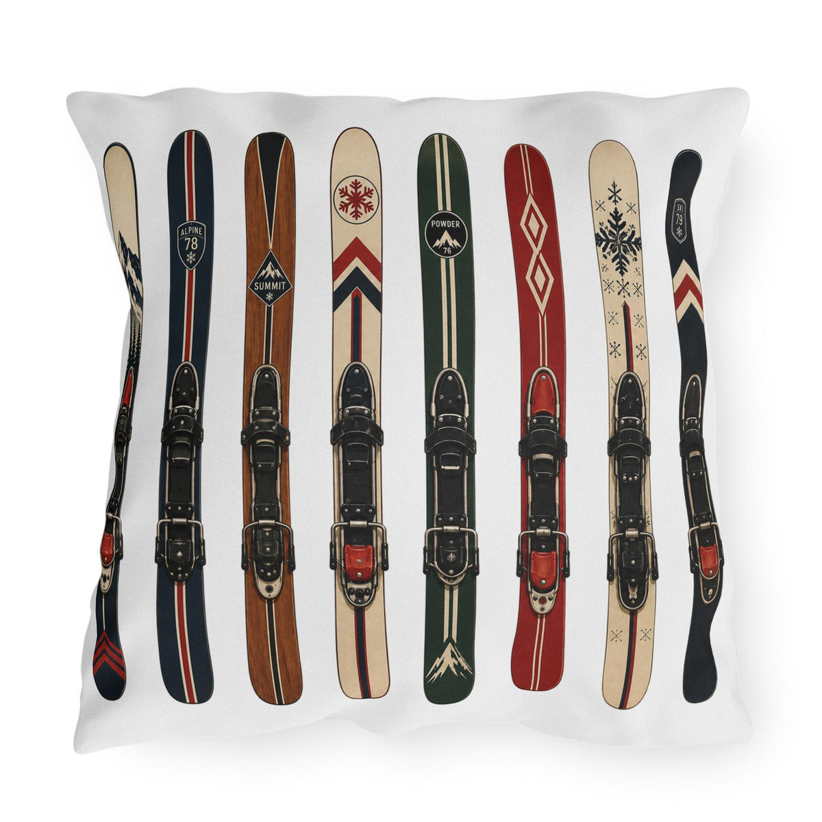 Vintage Skis Outdoor Pillow | Retro Ski Pattern, Winter Lodge Decor