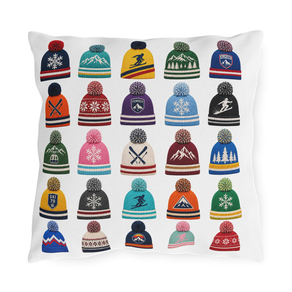 Beanie Pattern Outdoor Pillow | Ski Hat Icons, Winter Lodge Decor