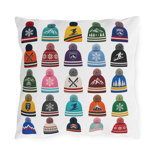 Beanie Pattern Outdoor Pillow | Ski Hat Icons, Winter Lodge Decor