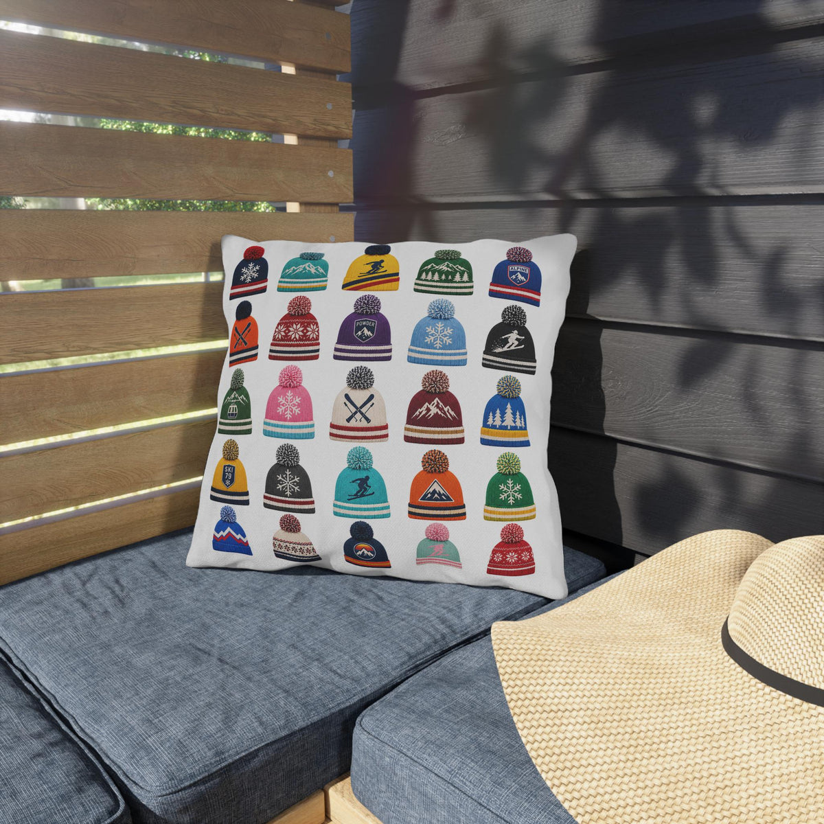 Beanie Pattern Outdoor Pillow | Ski Hat Icons, Winter Lodge Decor