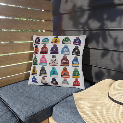 Beanie Pattern Outdoor Pillow | Ski Hat Icons, Winter Lodge Decor