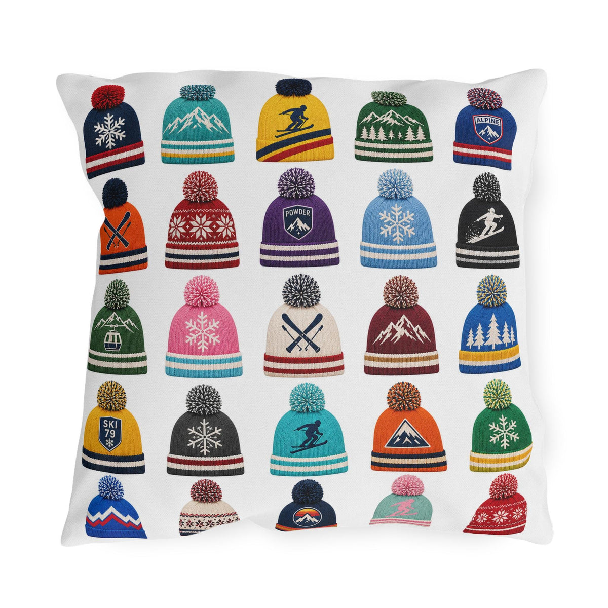 Beanie Pattern Outdoor Pillow | Ski Hat Icons, Winter Lodge Decor