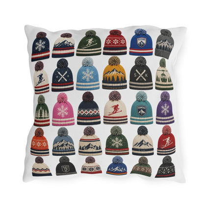 Beanie Pattern Outdoor Pillow | Ski Hat Icons, Winter Lodge Decor
