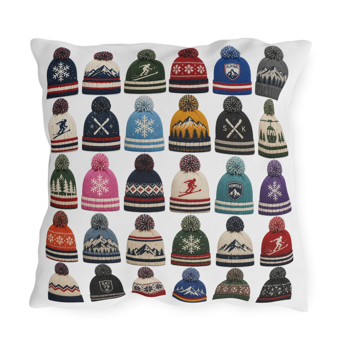 Beanie Pattern Outdoor Pillow | Ski Hat Icons, Winter Lodge Decor