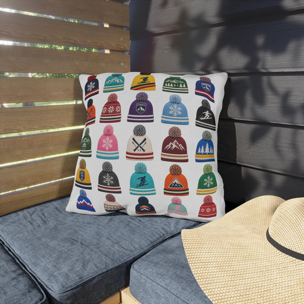 Beanie Pattern Outdoor Pillow | Ski Hat Icons, Winter Lodge Decor