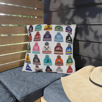 Beanie Pattern Outdoor Pillow | Ski Hat Icons, Winter Lodge Decor