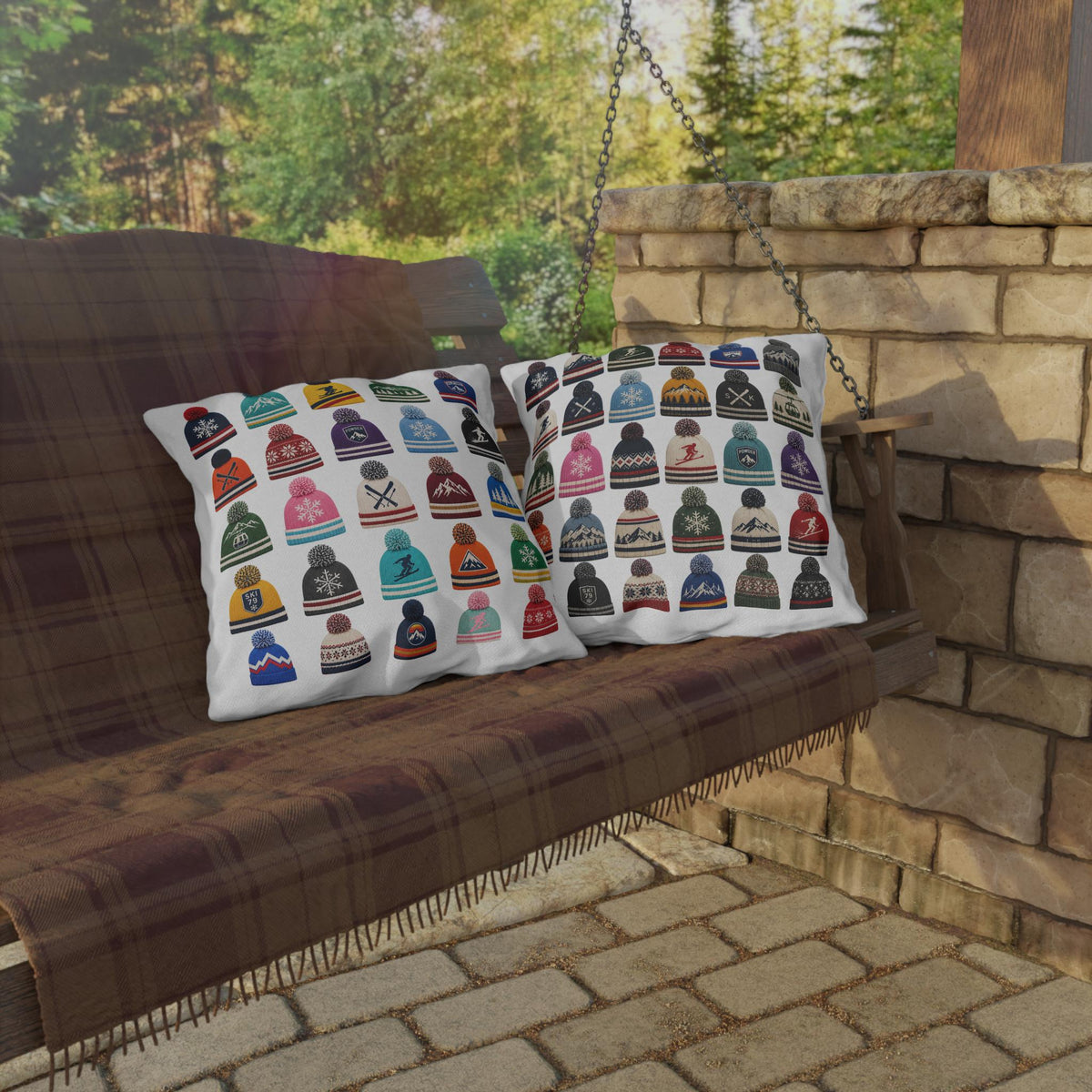 Beanie Pattern Outdoor Pillow | Ski Hat Icons, Winter Lodge Decor