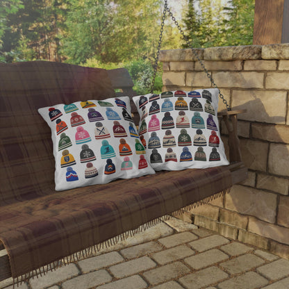 Beanie Pattern Outdoor Pillow | Ski Hat Icons, Winter Lodge Decor