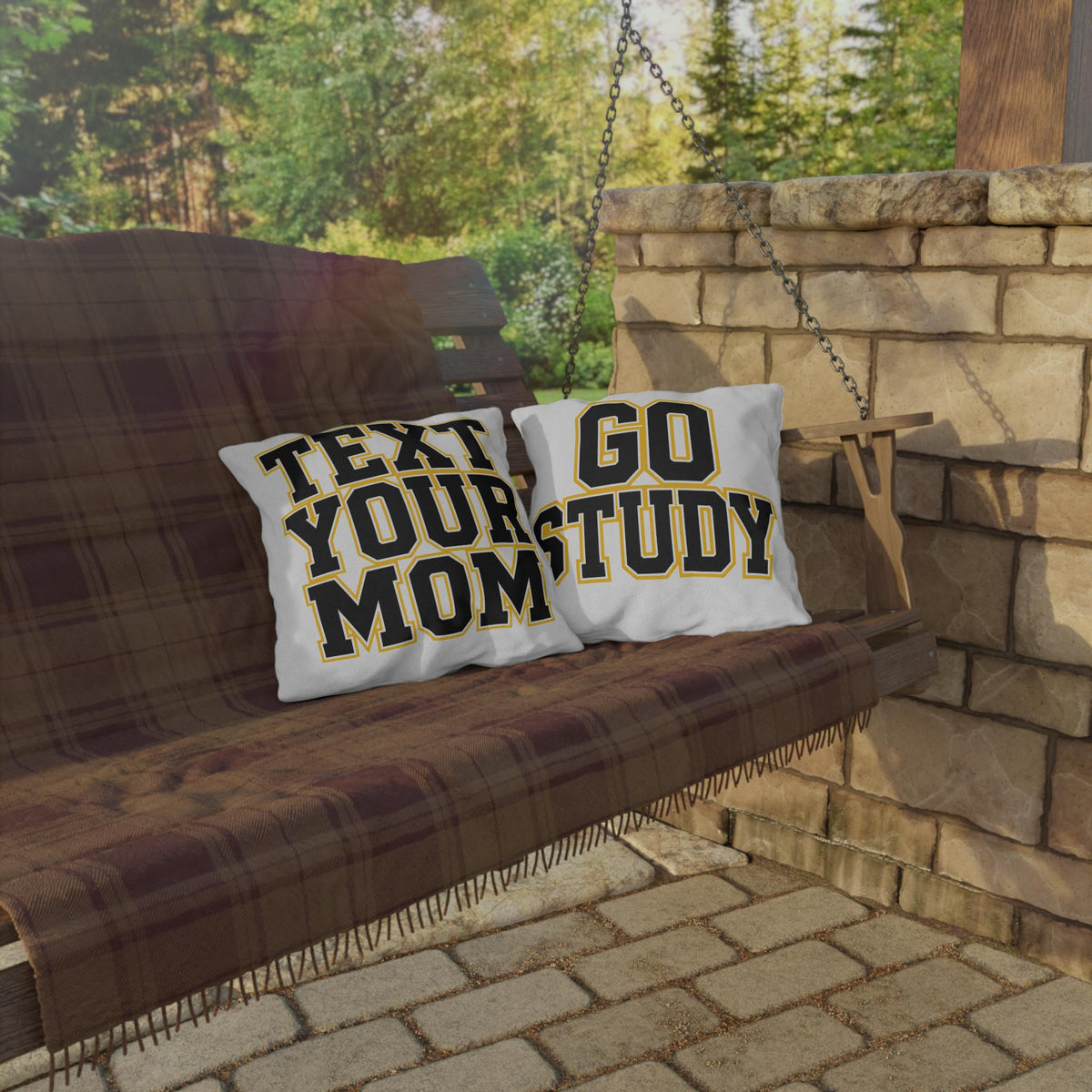 Text Your Mom outdoor pillow | Go Study varsity block lettering outdoor pillow