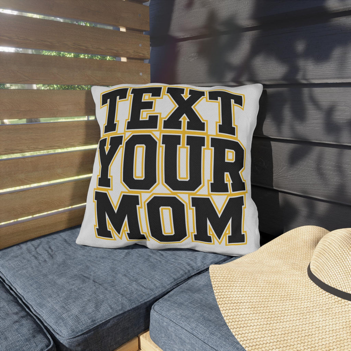 Text Your Mom outdoor pillow | Go Study varsity block lettering outdoor pillow