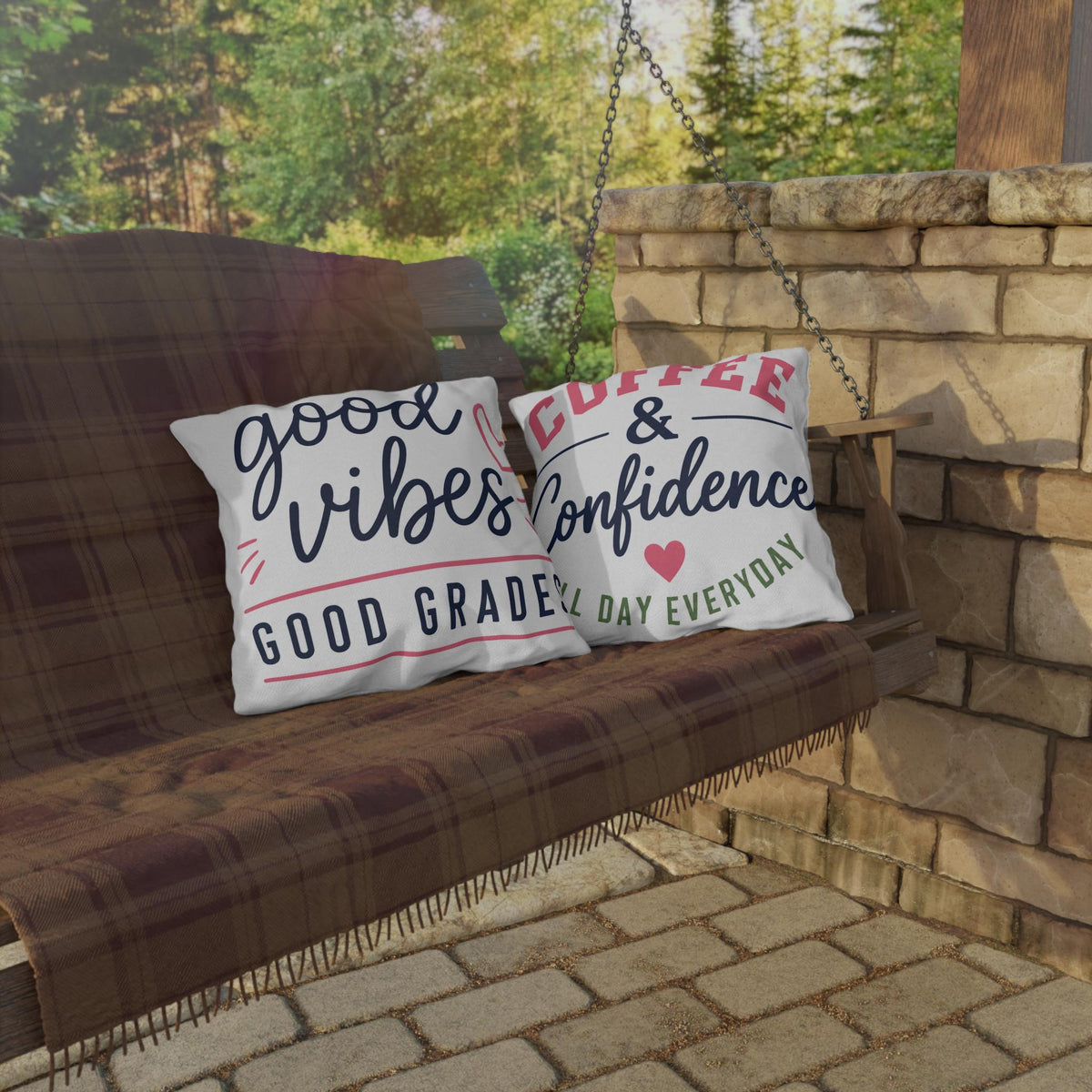 Good Vibes Good Grades outdoor pillow | Coffee & Confidence outdoor pillow