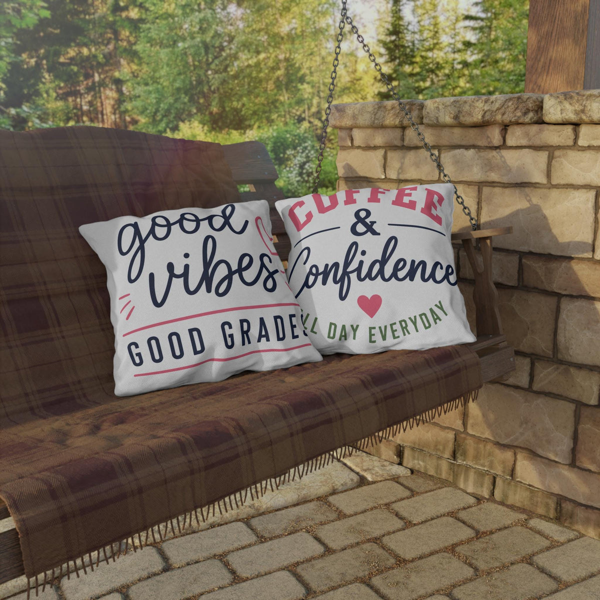 Good Vibes Good Grades outdoor pillow | Coffee & Confidence outdoor pillow