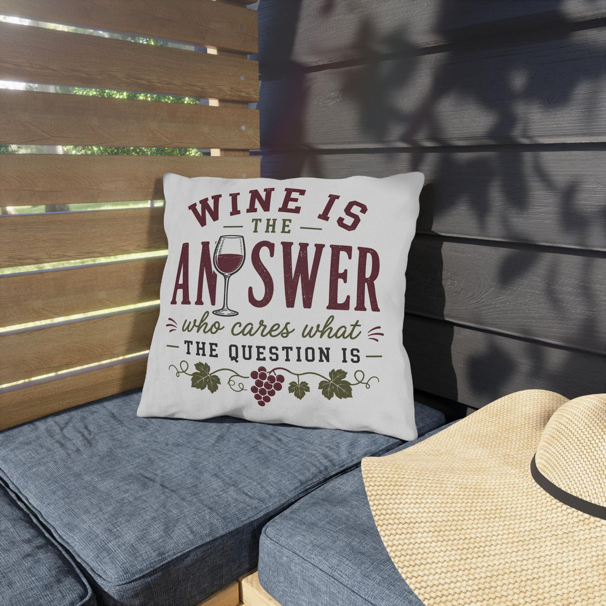 Wine Is The Answer outdoor pillow | Wine Glass Typography, Vineyard Quote