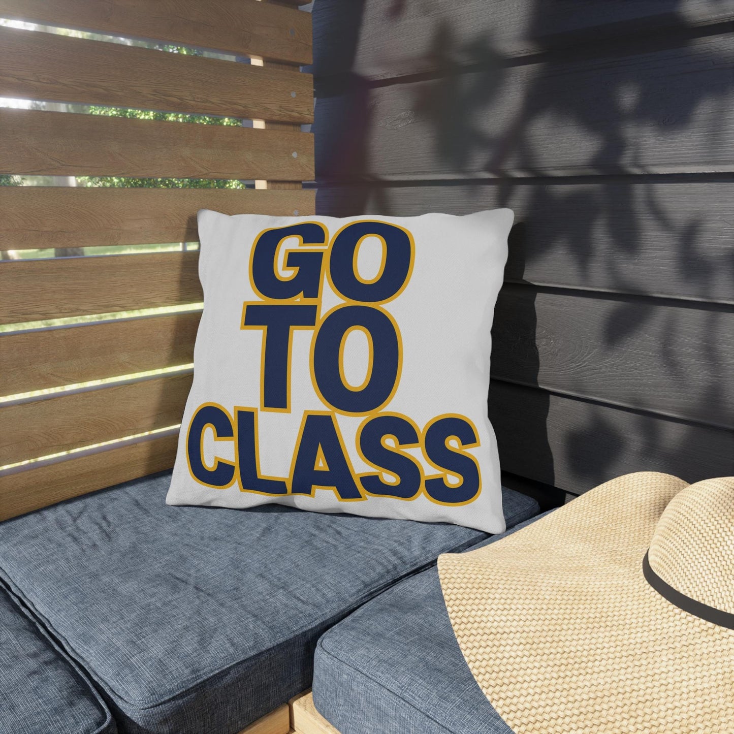 Go To Class Call Your Mom Pillow | Outdoor Pillow, Bold Navy Yellow Text